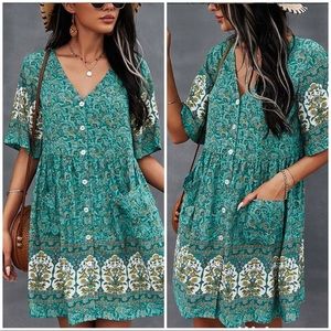 NWT Green Floral Button Front Pocket Shift Dress | Size Medium